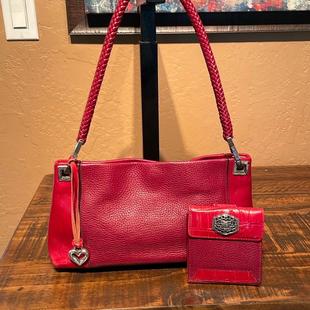 Brighton Vintage Red Leather Shoulder Bag with Matching Wallet EUC